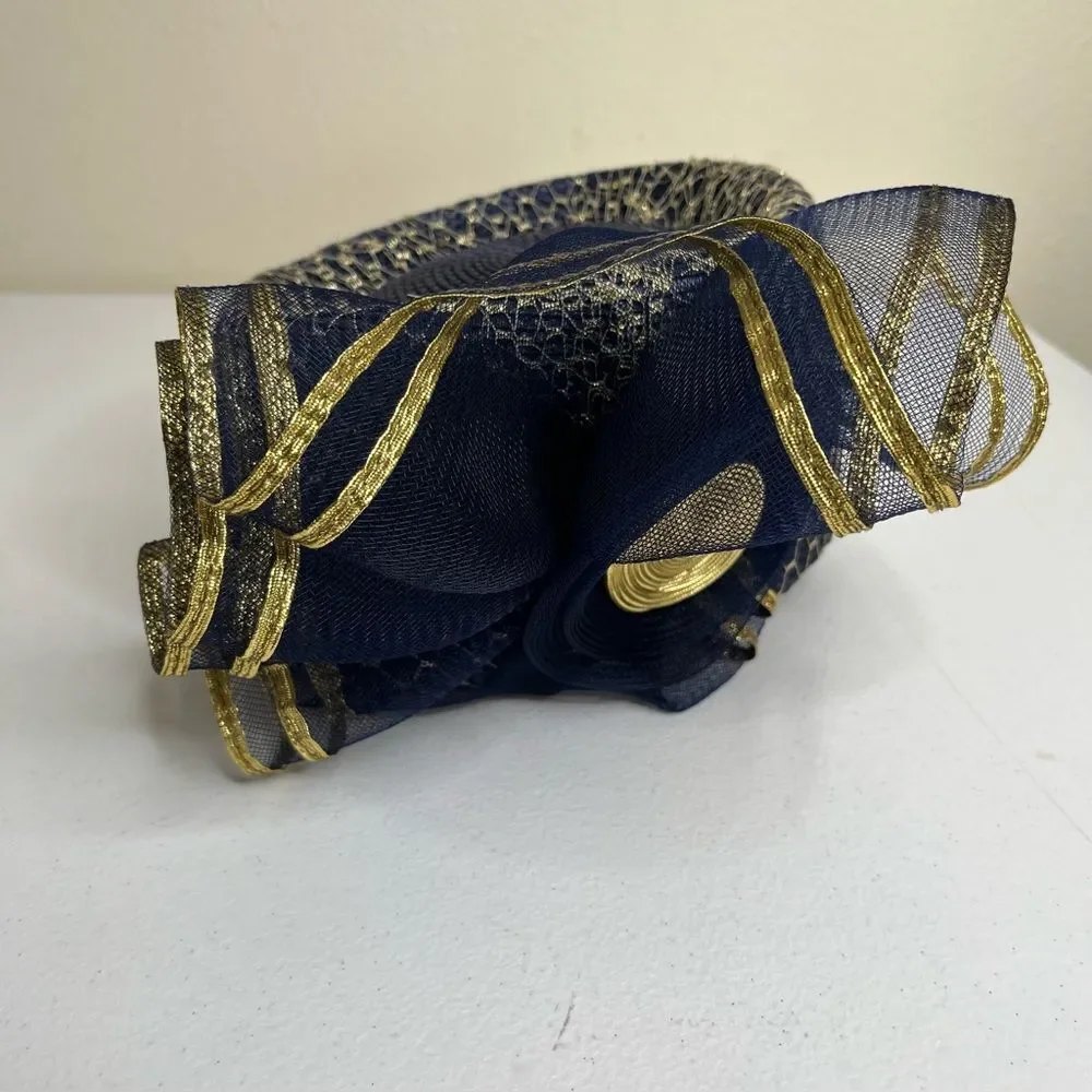 Vintage 80s Sylvia Church Lady Hat Navy Gold Metallic Mesh Netting Union Made US